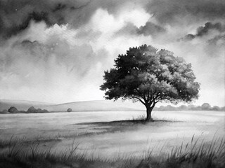 Obraz premium Monochrome Watercolor Abstract of Lone Tree in Peaceful Field - Drone Photography