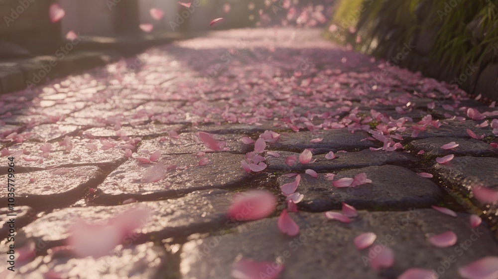 Wall mural Close-up of Japanese cherry blossom petals falling gently onto a stone pathway in spring.