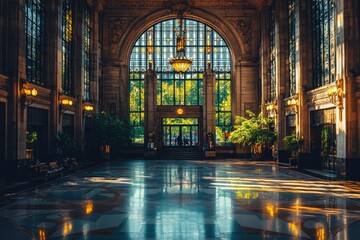 Fototapeta premium Sunlit Interior of a Grand Hall with a Stained-Glass Window