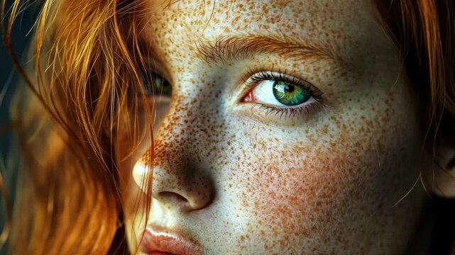 A close-up portrait of a young woman with red hair and green eyes, covered in freckles
