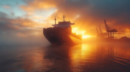 A cargo ship sails through a misty harbor during sunset, casting a golden glow on the water while silhouettes of cranes outline the skyline.