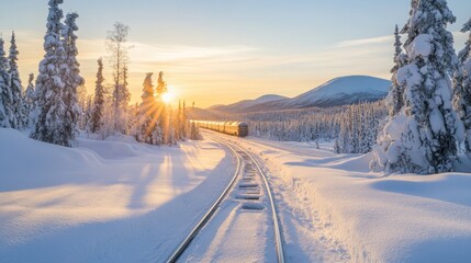 Snow-covered railway tracks stretching through the Siberian wilderness, with a lone train in the distance.