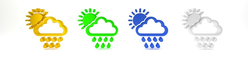 Colorful Cloud with rain and sun icon isolated on white background. Rain cloud precipitation with rain drops. Minimalism concept. 3D render illustration