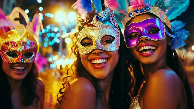 Three women in masks smile brightly during a night celebration