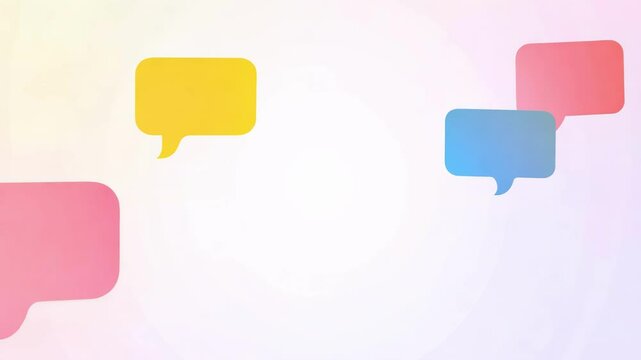 Floating chat bubbles in blue and yellow on a soft white background with plenty of space for text or graphics. Ideal for communication or social media themes, with copy space.