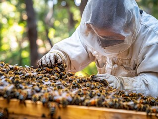 Intricate Dance of Nature: A Beekeeper Engaging with Bees in a Lush Environment