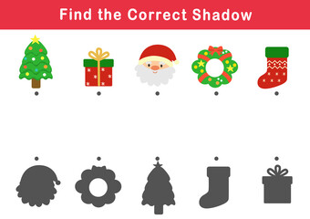 Find the correct shadow of the cute illustration of christmas. Educational logic game for children. Printable worksheet.