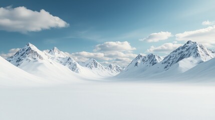 Fototapeta premium A serene winter landscape featuring majestic snow-capped mountains under a clear blue sky with scattered clouds.