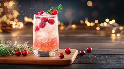 Sparkling holiday cocktail with floating cranberries, glittering in a festive setting