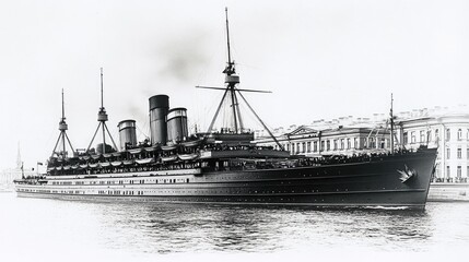 Fototapeta premium The Aurora cruiser in St. Petersburg, a symbol of the Russian Revolution, anchored in the Neva River.