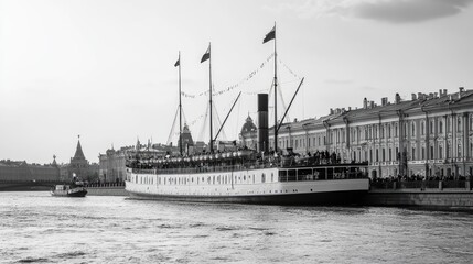 Fototapeta premium The Aurora cruiser in St. Petersburg, a symbol of the Russian Revolution, anchored in the Neva River.