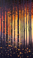 Abstract Autumn Forest Silhouette with Vibrant Gradient Sky and Falling Golden Leaves