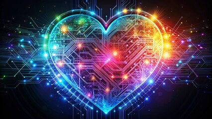 Obraz premium Neon Heart of Technology: A Double Exposure of Generative AI and Digital Artistry