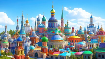 Obraz premium The colorful Kazan Kremlin with its iconic Mosque against a backdrop of clear blue skies.