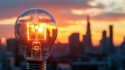 Glowing abstract light bulb with tech lines
