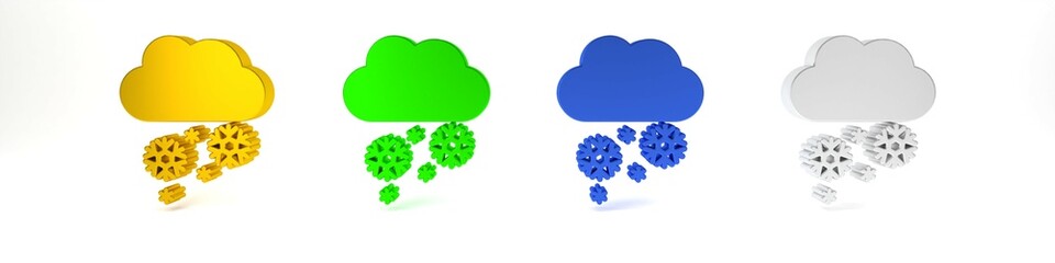 Colorful Cloud with snow icon isolated on white background. Cloud with snowflakes. Single weather icon. Snowing sign. Minimalism concept. 3D render illustration