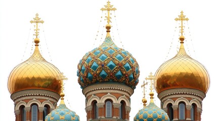 Obraz premium The golden domes of the Church of the Savior on Spilled Blood in St. Petersburg against a bright sky.