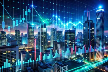 Night Photography of 3D Japanese Exchange Traded Fund Concept with Neon Lights and Cityscape