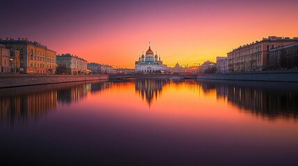 Fototapeta premium The golden-domed Cathedral of Christ the Savior reflected in the Moscow River at sunset.