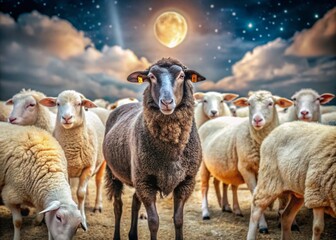 Obraz premium Night Photography of a Black Sheep Among White Sheep in a Pastoral Landscape