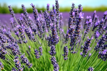 Obraz premium A close-up of fresh lavender being harvested in a field, with the sun shining and the plants swaying in the breeze