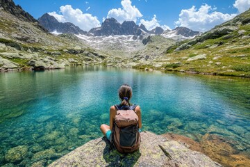 A crystal-clear lake surrounded by mountains, with a person sitting on the shore in quiet contemplation