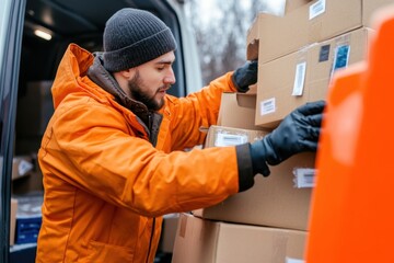 A delivery worker loading boxes into a delivery van, preparing e-commerce packages for delivery to customers