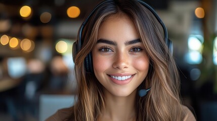 Obraz premium portrait of a smiling latina businesswoman in a modern office setting wearing a headset and focused on her laptop conveying professionalism and warmth in a remote communication environment