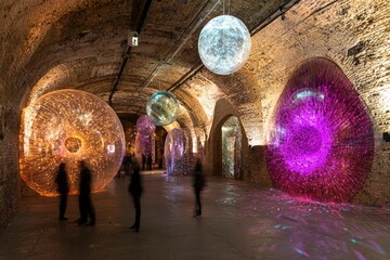 Illuminated Spheres in an Old Brick Tunnel