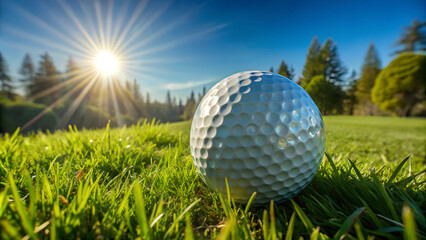 Obraz premium Close-up of a golf ball on a lush green course with the sun shining in the background
