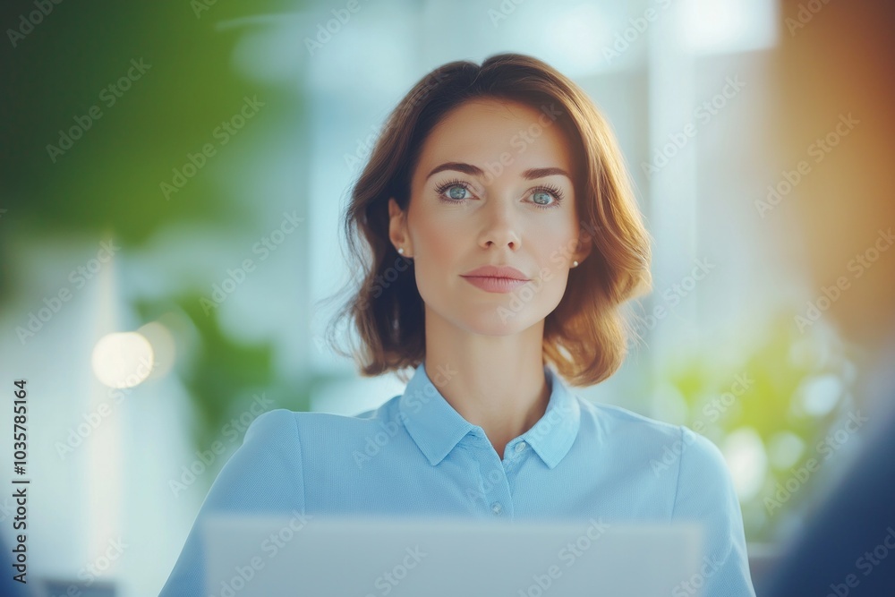 Wall mural confident woman in a blue shirt engaged in a work-related discussion in a modern office setting