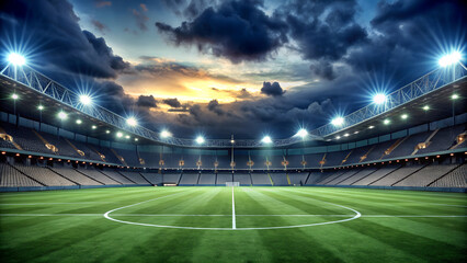 Illuminated soccer stadium at dusk with dramatic clouds and lush green field