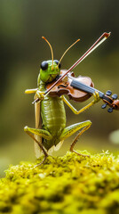A whimsical image of a grasshopper holding and playing a miniature violin while standing on a mossy surface, blending nature with fantasy