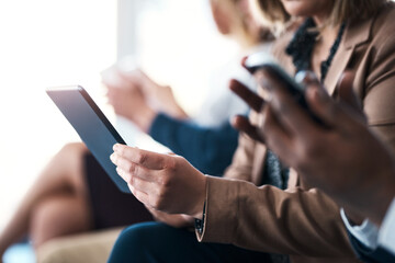 Business, audience and hands with tablet in presentation for online notes, seminar information and digital interaction. Group, people and crowd in training workshop with tech for convention feedback