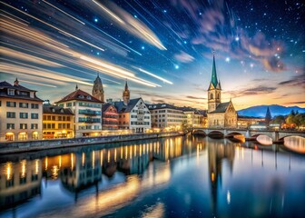 Obraz premium Nighttime Aerial Drone Hyperlapse of Zurich, Switzerland - Stunning Cityscape Views