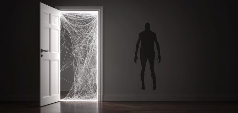 "Boo" written in spooky cobwebs, shadowy figure looming in background