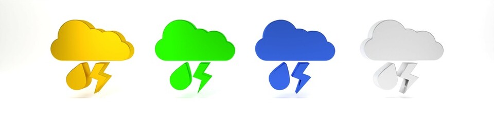 Colorful Cloud with rain and lightning icon isolated on white background. Rain cloud precipitation with rain drops.Weather icon of storm. Minimalism concept. 3D render illustration