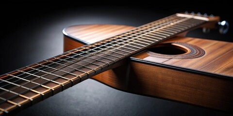 Fototapeta premium Acoustic guitar fretboard on dark background with depth of field