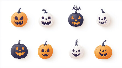 Set of Halloween themed pumpkin with scary lighting face isolated on white background