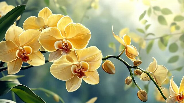 Pale yellow orchids bloom in the bright sunshine