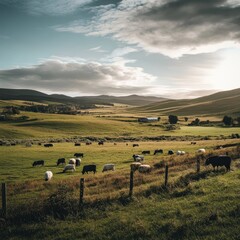 Serene pastoral landscape with cattle grazing under a vast sky at dusk