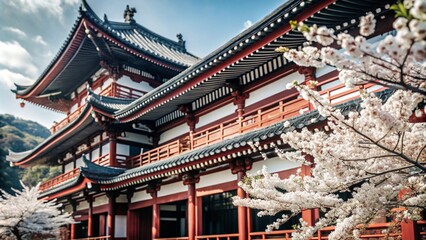 Naklejka premium Traditional Japanese temple with cherry blossoms in bloom.