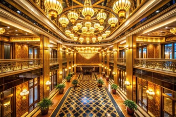 Obraz premium Opulent Casino Elevator Lobby with Golden Lights - Luxury Urban Exploration Photography