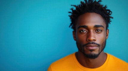 Obraz premium puzzled expression of an african american man in an orange top against a bright blue background capturing a moment of confusion with an inviting space for text or message