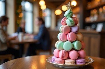A macaroni Christmas tree stands on a table in a cafe. In the background, customers are sitting at tables