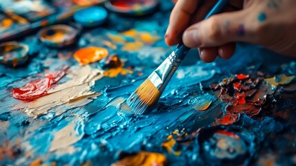 Fototapeta premium A close-up of a hand painting on a colorful canvas with various shades and textures, highlighting the creativity and process of artistic expression