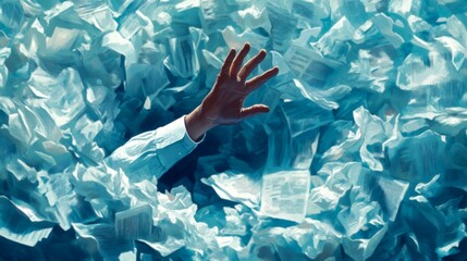 A hand emerges from a sea of crumpled paper, symbolizing the feeling of being overwhelmed by paperwork or responsibilities