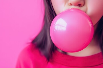 Naklejka premium person blowing a bubble with bright pink chewing gum
