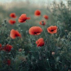 Obraz premium A serene field of vibrant red poppies swaying gently in the breeze.