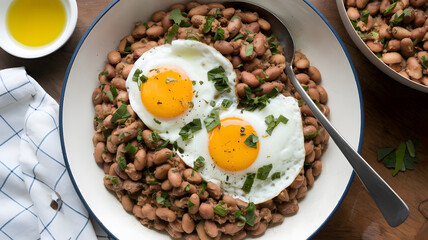 Ful with Eggs: Stewed fava beans topped with sunny-side-up eggs, slightly runny and blending with the beans. Drizzled with olive oil and garnished with chopped herbs for added flavor.






